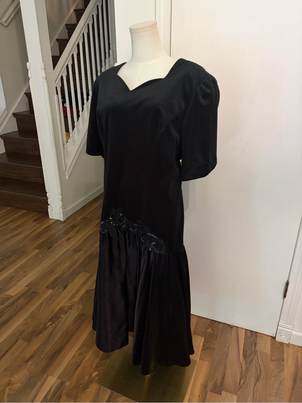 Roaman's Vintage Black Evening Dress Puff Sleeves, Beaded Gem Appliqué, XL/XXL